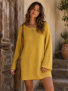 Free People Beach Mustard Yellow Melanie Sweater Tunic Mini Dress M Coastal Fall